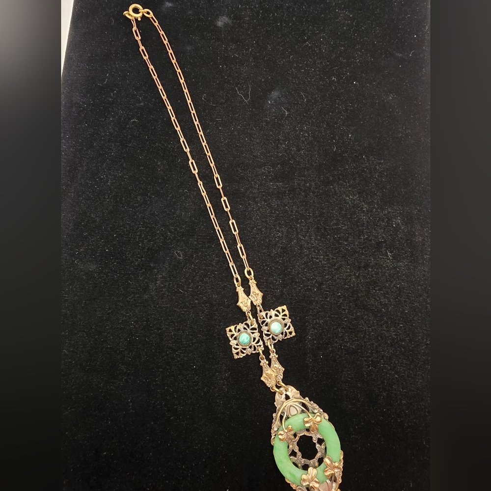 Czech Brass Shamrock Green Glass Necklace 16 Inch Antique 1920s 1930s Lucky - Picture 11 of 12